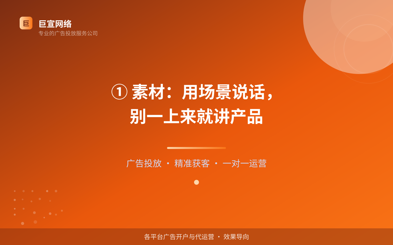 ① 素材:用场景说话,别一上来就讲产品(投放方式对比) ① 素材:用场景说话,别一上来就讲产品(投放方式对比)